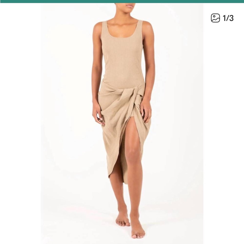 NEW ANEMOS selene drop waist drape midi dress in taupe Medium